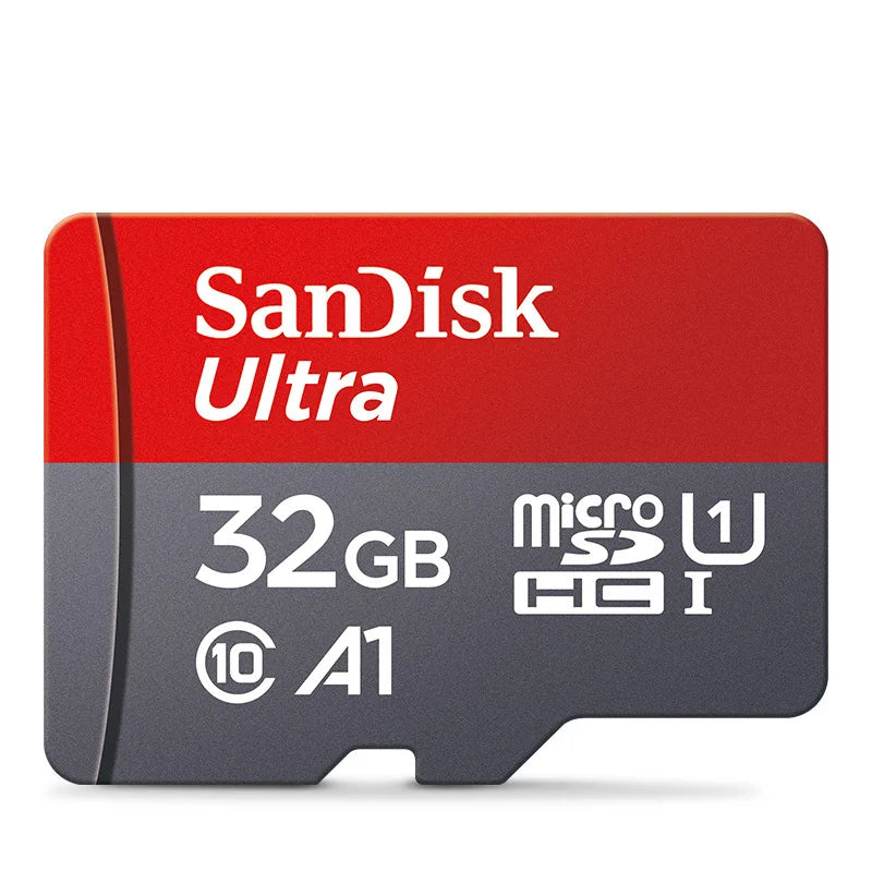 Four red and grey SanDisk Ultra microSD cards marked 256GB, 32GB, 64GB and 128GB