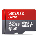 Four red and grey SanDisk Ultra microSD cards marked 256GB, 32GB, 64GB and 128GB