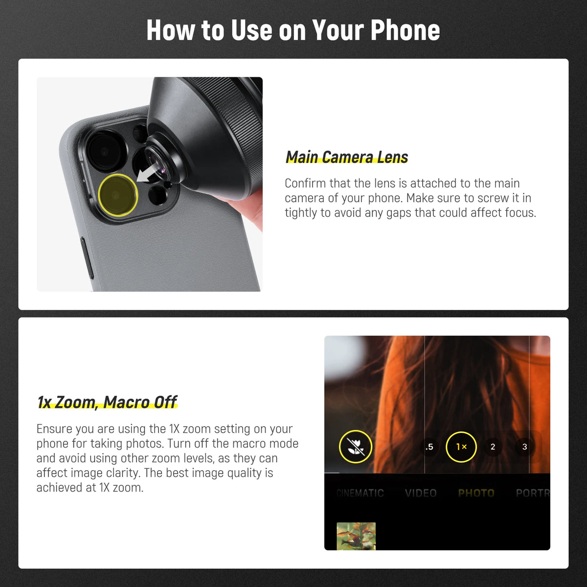 Black Neewer telephoto phone lens with a blue-rimmed front element on a phone case, its round lens cap beside it