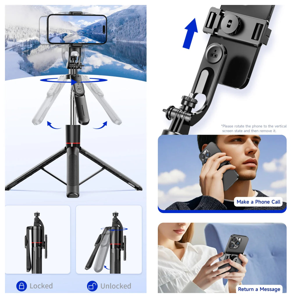 Black selfie stick tripod holding a phone between two small lights, shown extended on its legs, folded, and turned by hand