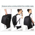 Black camera backpack with a red padded interior holding a DSLR, lenses and a tablet, shown open from the front