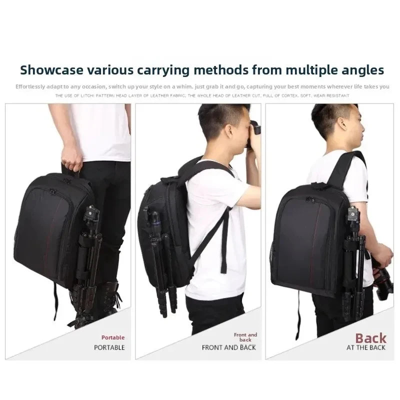 Black camera backpack with a red padded interior holding a DSLR, lenses and a tablet, shown open from the front