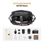 Black K&F Concept camera shoulder bag with a tripod strapped underneath, above four more bags in other colors