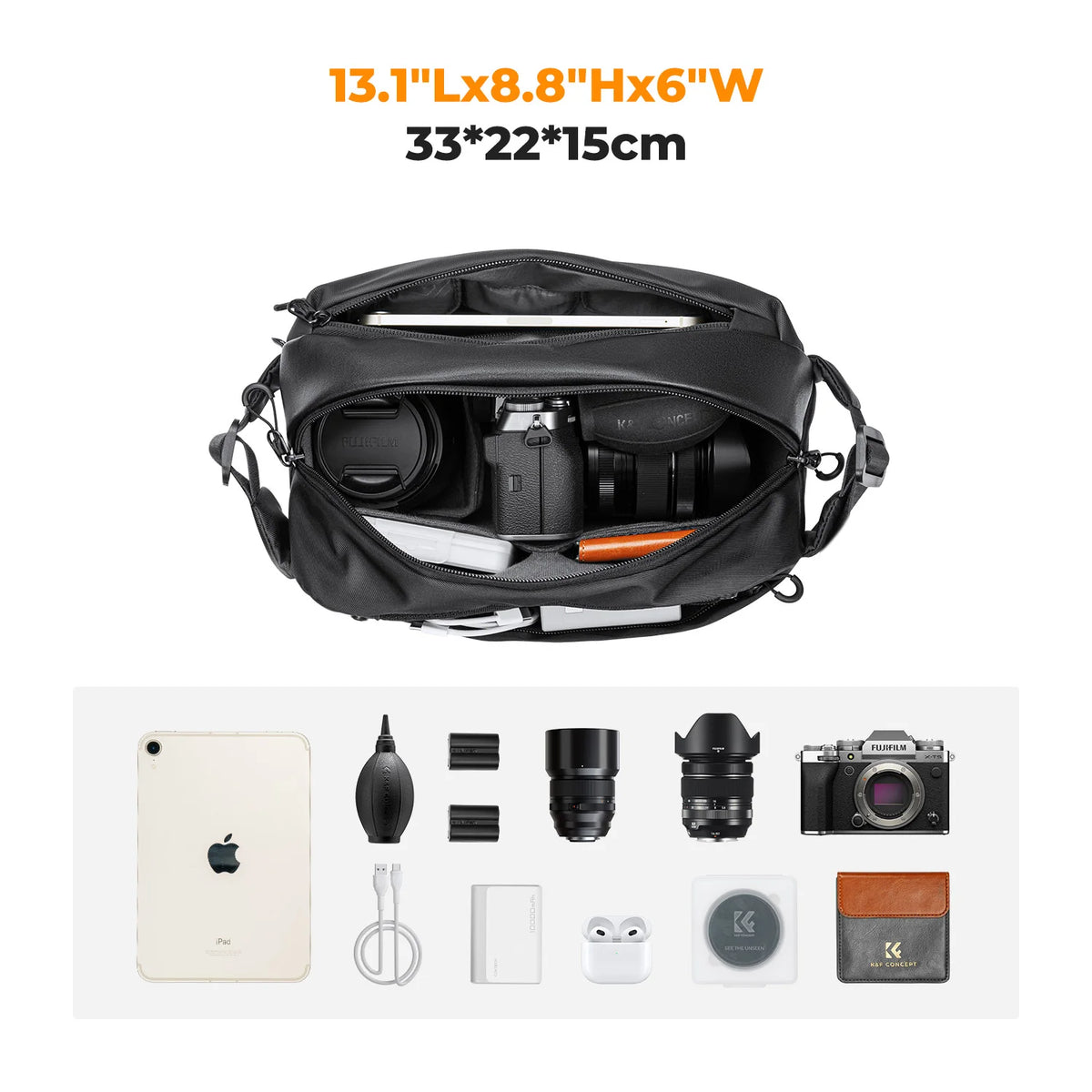 Black K&F Concept camera shoulder bag with a tripod strapped underneath, above four more bags in other colors
