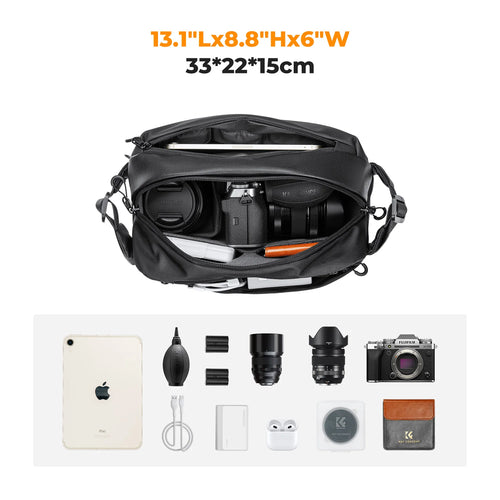 Black K&F Concept camera shoulder bag with a tripod strapped underneath, above four more bags in other colors