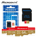 Red and gold Microdata microSD cards in several capacities with a blue retail pack and a black SD adapter