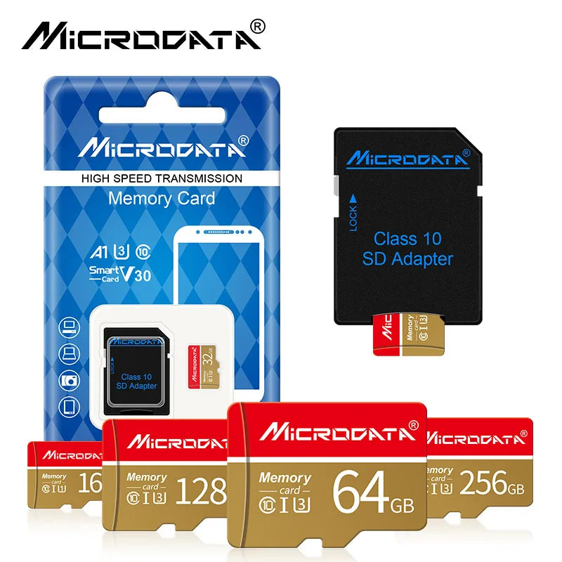 Red and gold Microdata microSD cards in several capacities with a blue retail pack and a black SD adapter