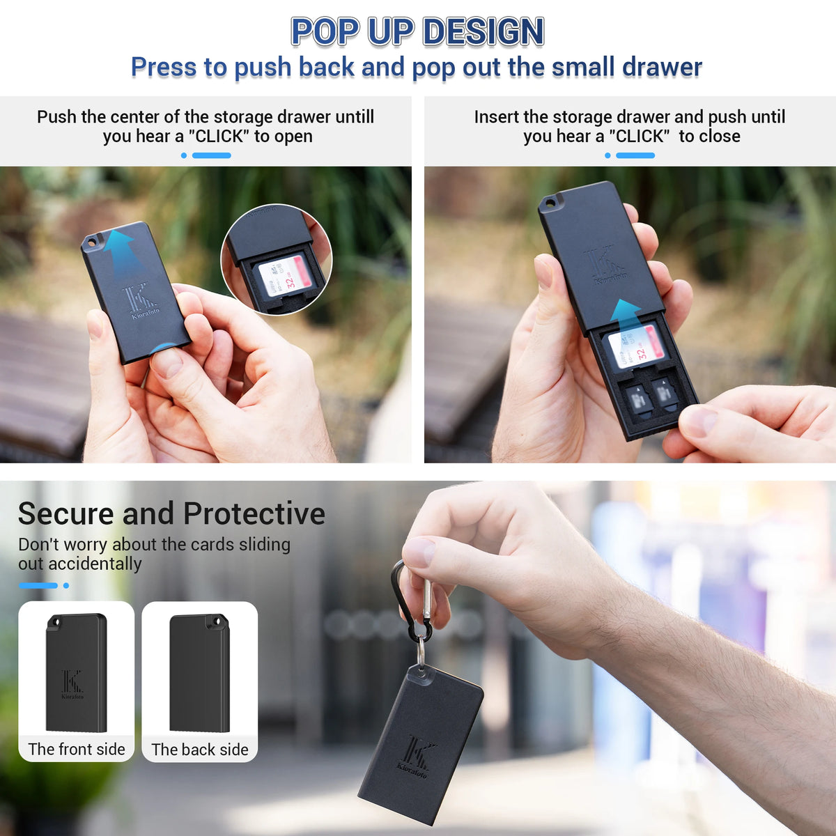 Black Kiorafoto pop-up card case open with an SD card and two microSD cards in its slots, shown with a carabiner