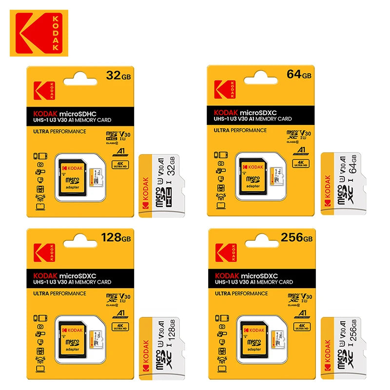 White and yellow Kodak-branded microSD cards in 128GB, 32GB and 64GB, beside a yellow microSD to SD adapter