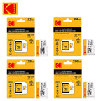 White and yellow Kodak-branded microSD cards in 128GB, 32GB and 64GB, beside a yellow microSD to SD adapter