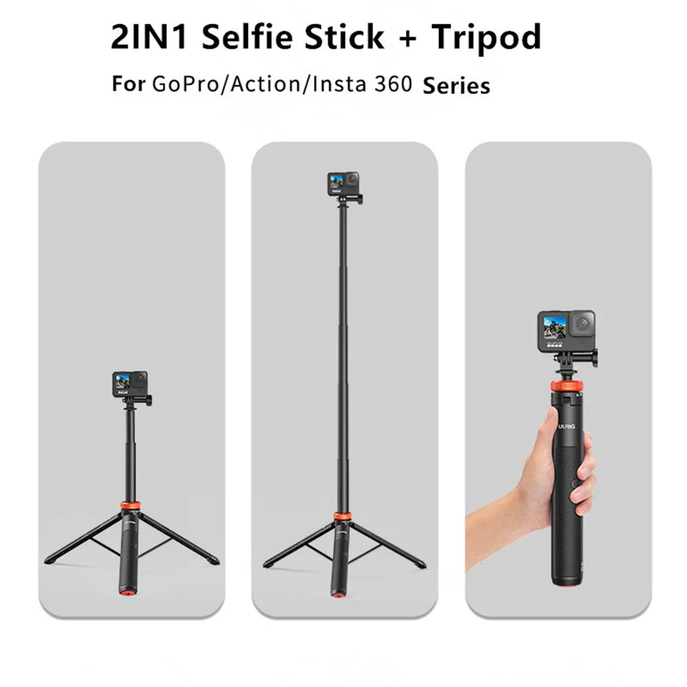 Black and orange Uurig stick with 360, action and compact cameras, as a long stick, a handle and a tripod, plus an adapter