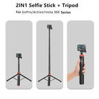 Black and orange Uurig stick with 360, action and compact cameras, as a long stick, a handle and a tripod, plus an adapter