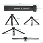 Black metal mini tripod with a 1/4 inch screw on top, shown with its legs in four positions from flat to upright