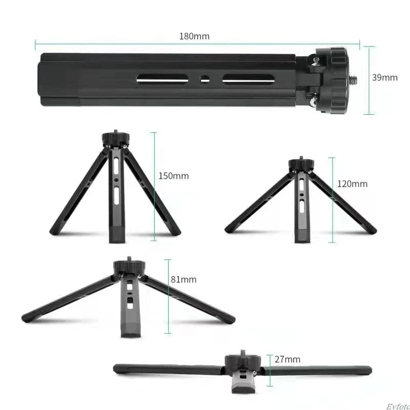 Black metal mini tripod with a 1/4 inch screw on top, shown with its legs in four positions from flat to upright