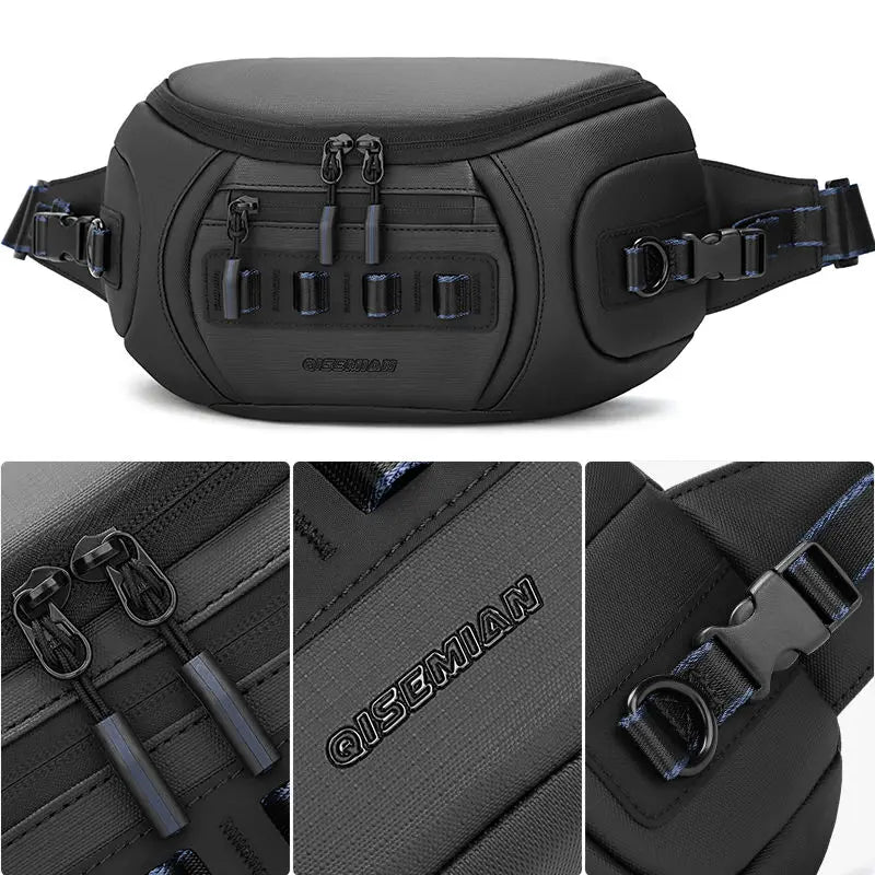 Black camera sling bag open from the top to show grey dividers, above three views holding a camera and lenses