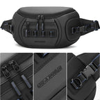 Black camera sling bag open from the top to show grey dividers, above three views holding a camera and lenses