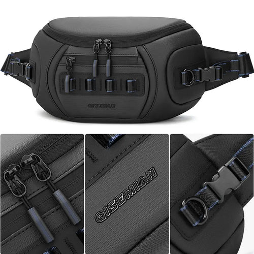Black camera sling bag open from the top to show grey dividers, above three views holding a camera and lenses