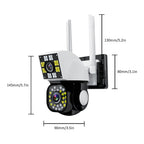 White Neye security camera with a fixed upper lens and a lower pan-tilt lens, beside a phone showing two camera views