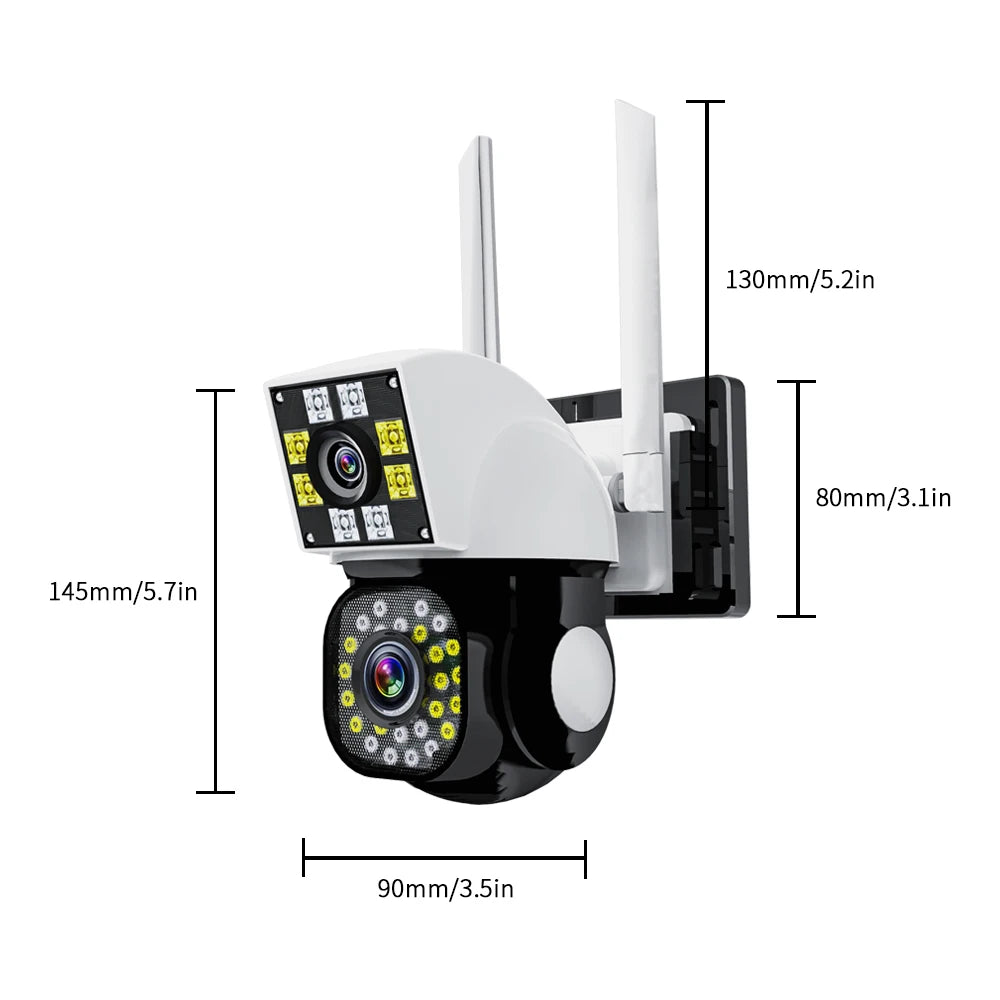 White Neye security camera with a fixed upper lens and a lower pan-tilt lens, beside a phone showing two camera views