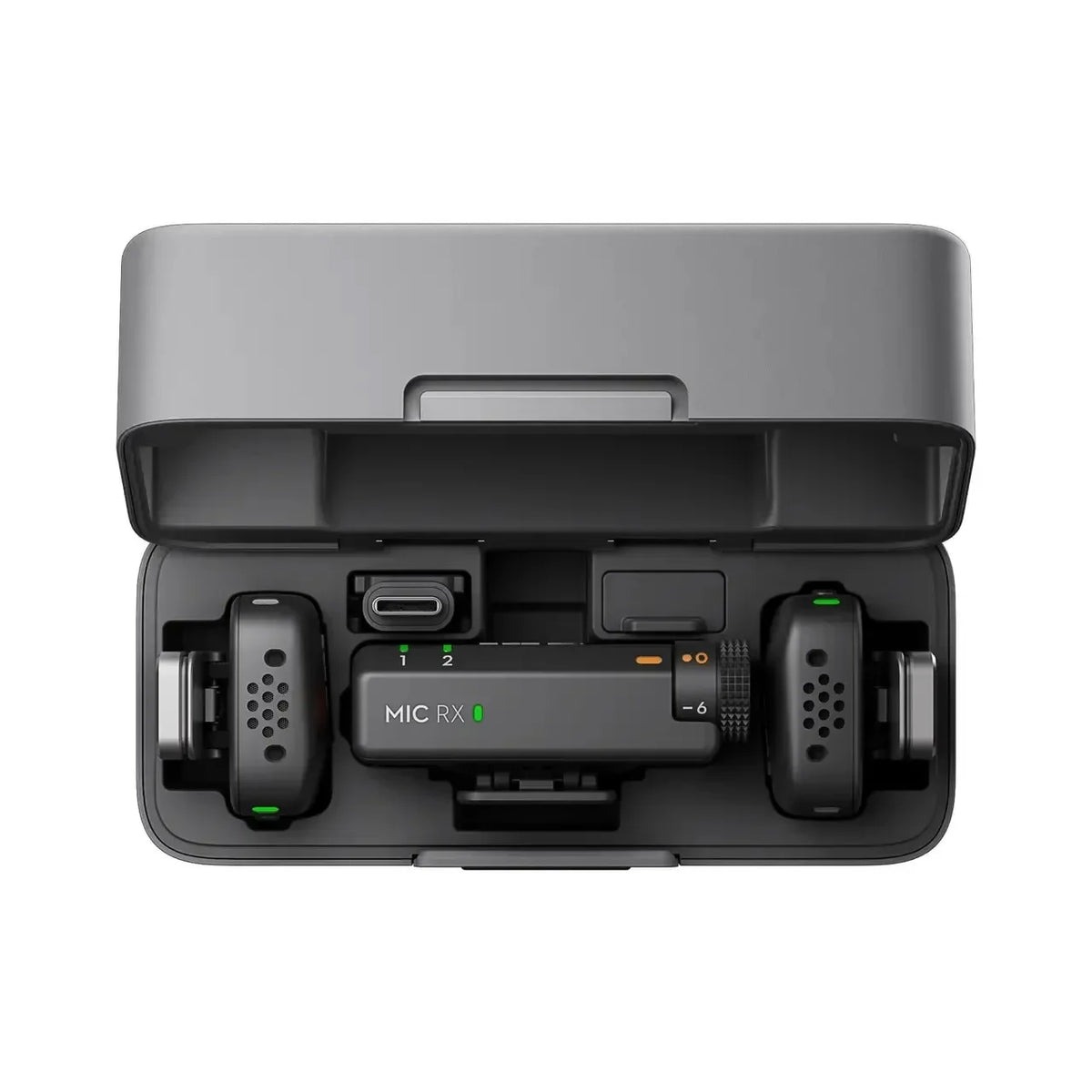 Black DJI Mic Mini charging case open, holding two small transmitters with gray furry windscreens