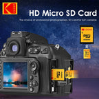 Yellow Kodak-branded microSDXC card in retail packaging with an SD adapter, beside 256GB, 128GB, 64GB and 32GB cards