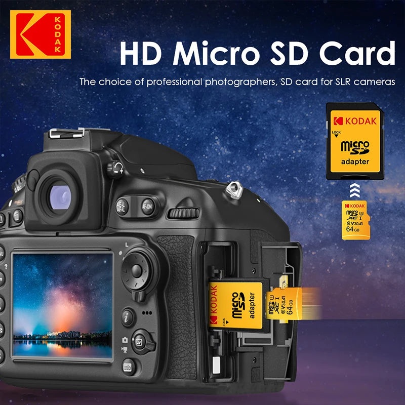 Yellow Kodak-branded microSDXC card in retail packaging with an SD adapter, beside 256GB, 128GB, 64GB and 32GB cards