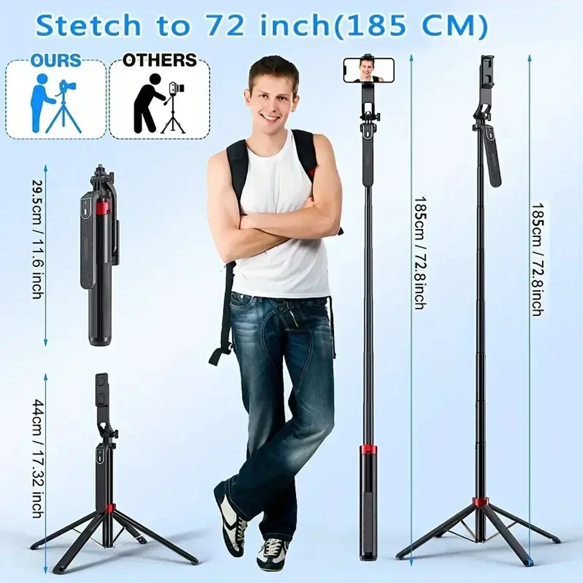 Black selfie stick tripod with a phone clamp shown fully extended beside a standing man, folded, and set up as a short tripod