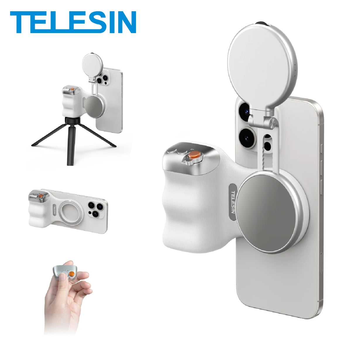 Silver and white phone grip held magnetically on the back of a phone, shown again on a small tripod and with a remote