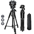 Black aluminum tripod with a handled pan head holding a mirrorless camera, shown folded beside a black drawstring carry bag