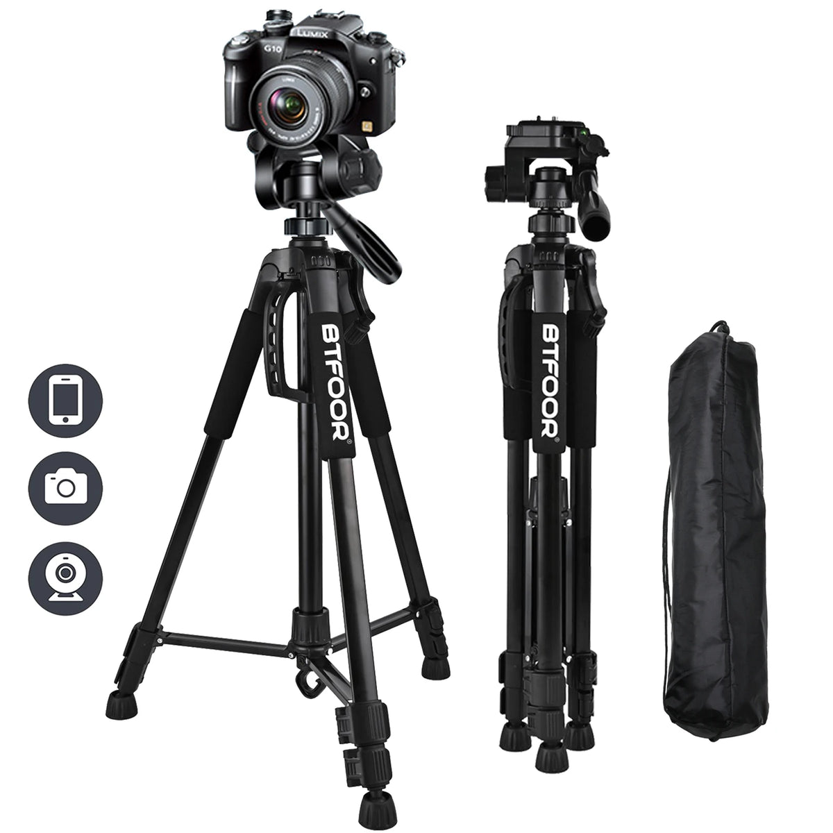 Black aluminum tripod with a handled pan head holding a mirrorless camera, shown folded beside a black drawstring carry bag