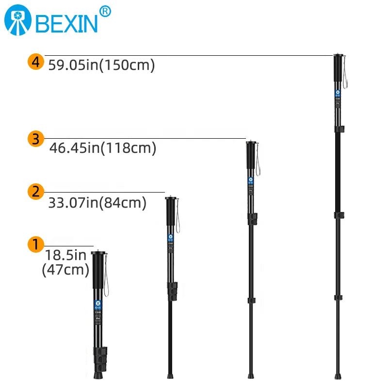 Black Bexin monopod shown closed, and extended on small blue and black support feet with a video head and a long handle