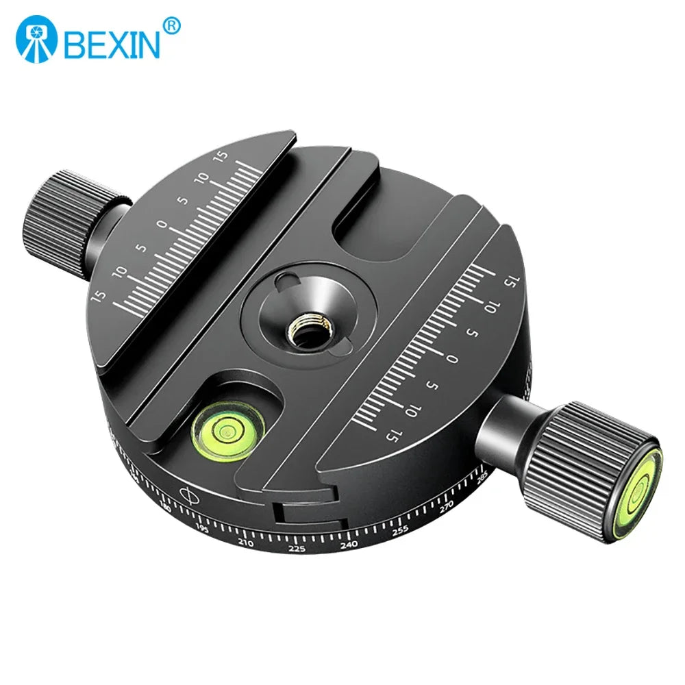 Round black Bexin clamp with scale markings, two locking knobs, a bubble level and a degree ring around its base