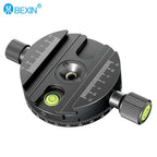 Round black Bexin clamp with scale markings, two locking knobs, a bubble level and a degree ring around its base