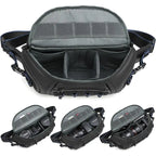 Black camera sling bag open from the top to show grey dividers, above three views holding a camera and lenses