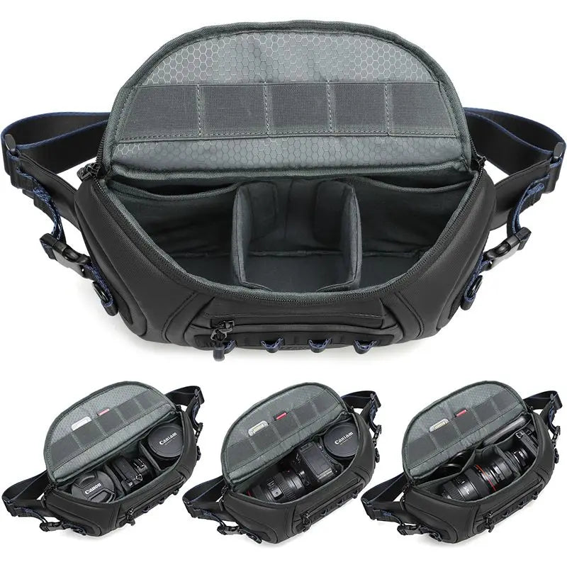 Black camera sling bag open from the top to show grey dividers, above three views holding a camera and lenses