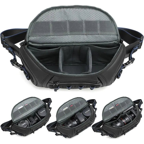 Black camera sling bag open from the top to show grey dividers, above three views holding a camera and lenses