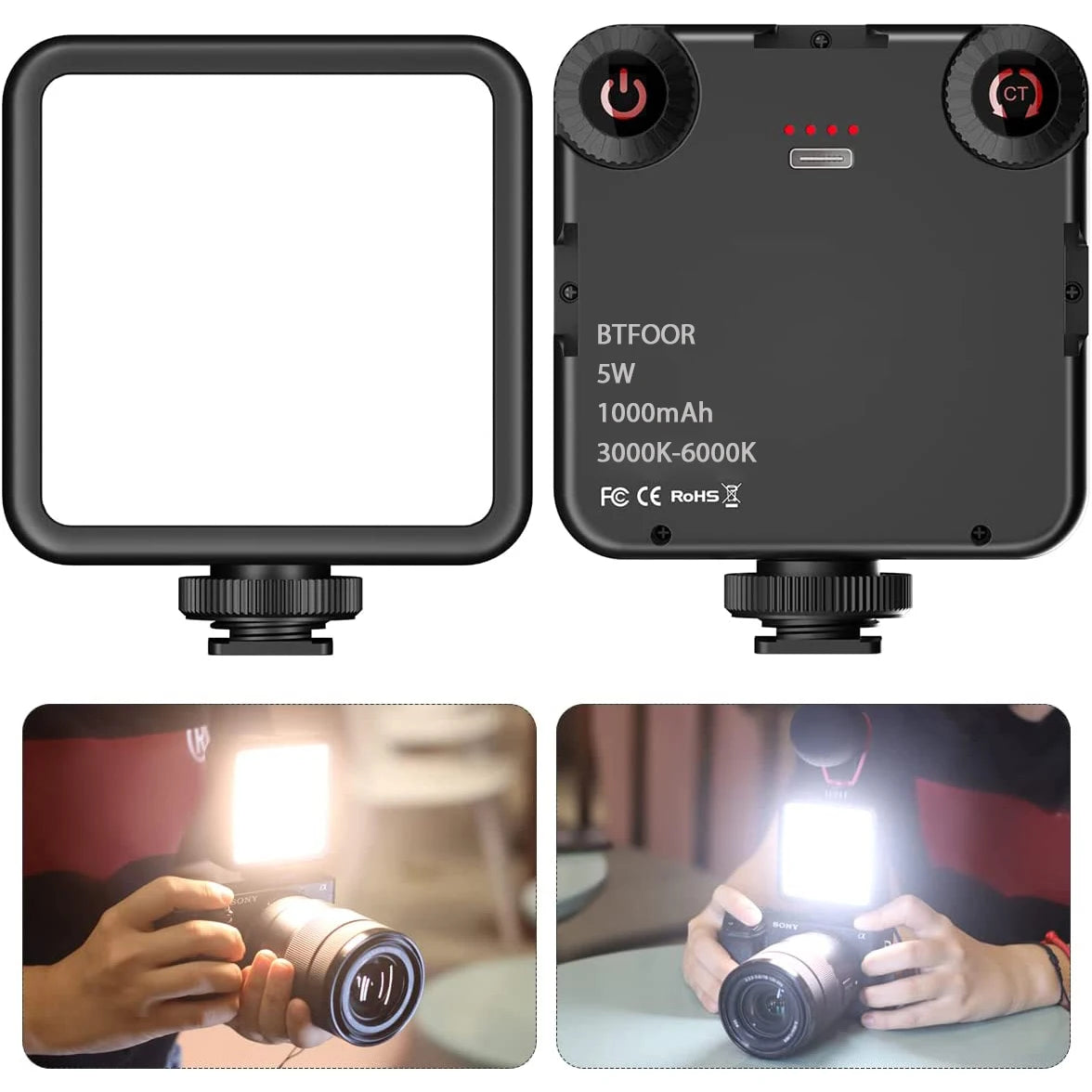 Square LED panel light, front and back, above two photos of it mounted on top of a mirrorless camera held in both hands