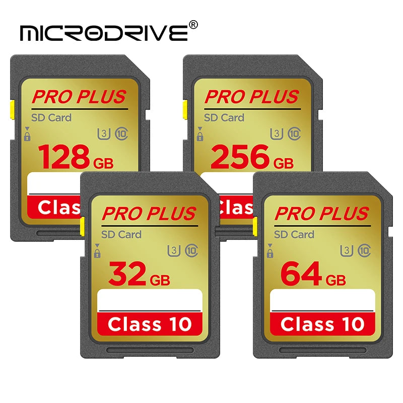 Four gold Microdrive Pro Plus SD cards marked 32, 64, 128 and 256GB with Class 10 and U3 symbols