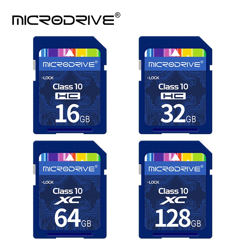 Four blue Microdrive Class 10 SD cards stepped in a row, with a Canon DSLR lens in the top corner