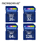 Four blue Microdrive Class 10 SD cards stepped in a row, with a Canon DSLR lens in the top corner