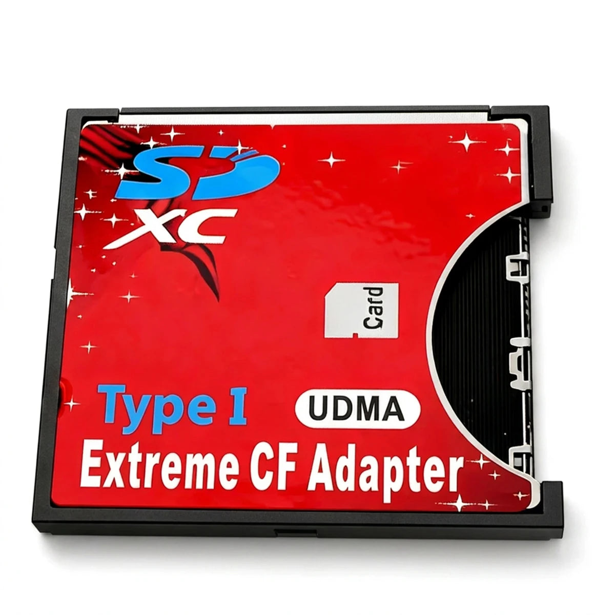 Red CompactFlash-size adapter with an SD card opening, labelled Type I UDMA Extreme CF Adapter, on dark stone