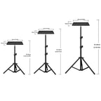 Black tripod stand with a rectangular tray on a telescoping pole, with close-ups of the tray mount and the leg joint