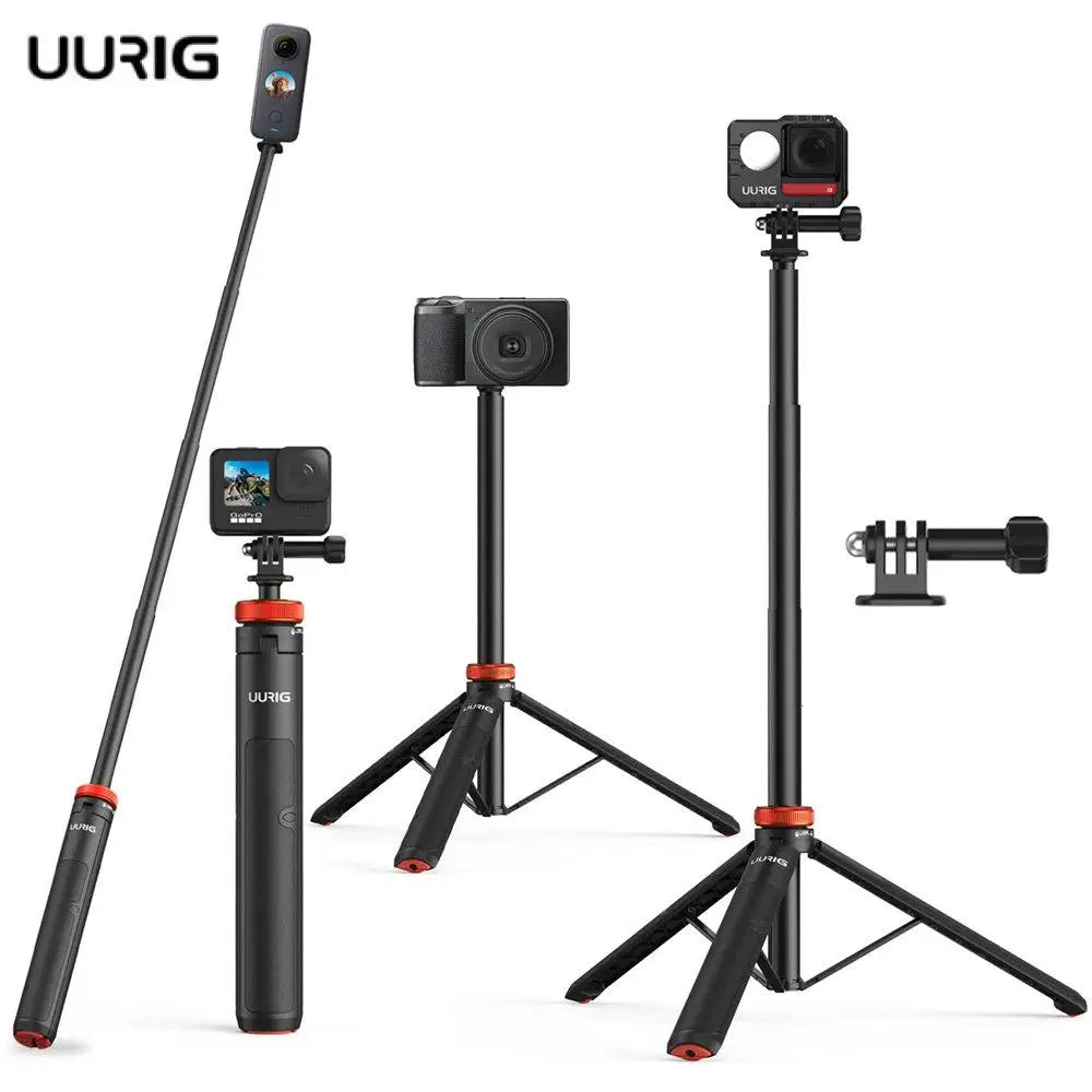 Black and orange Uurig stick with 360, action and compact cameras, as a long stick, a handle and a tripod, plus an adapter