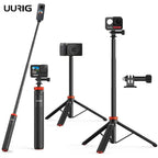 Black and orange Uurig stick with 360, action and compact cameras, as a long stick, a handle and a tripod, plus an adapter