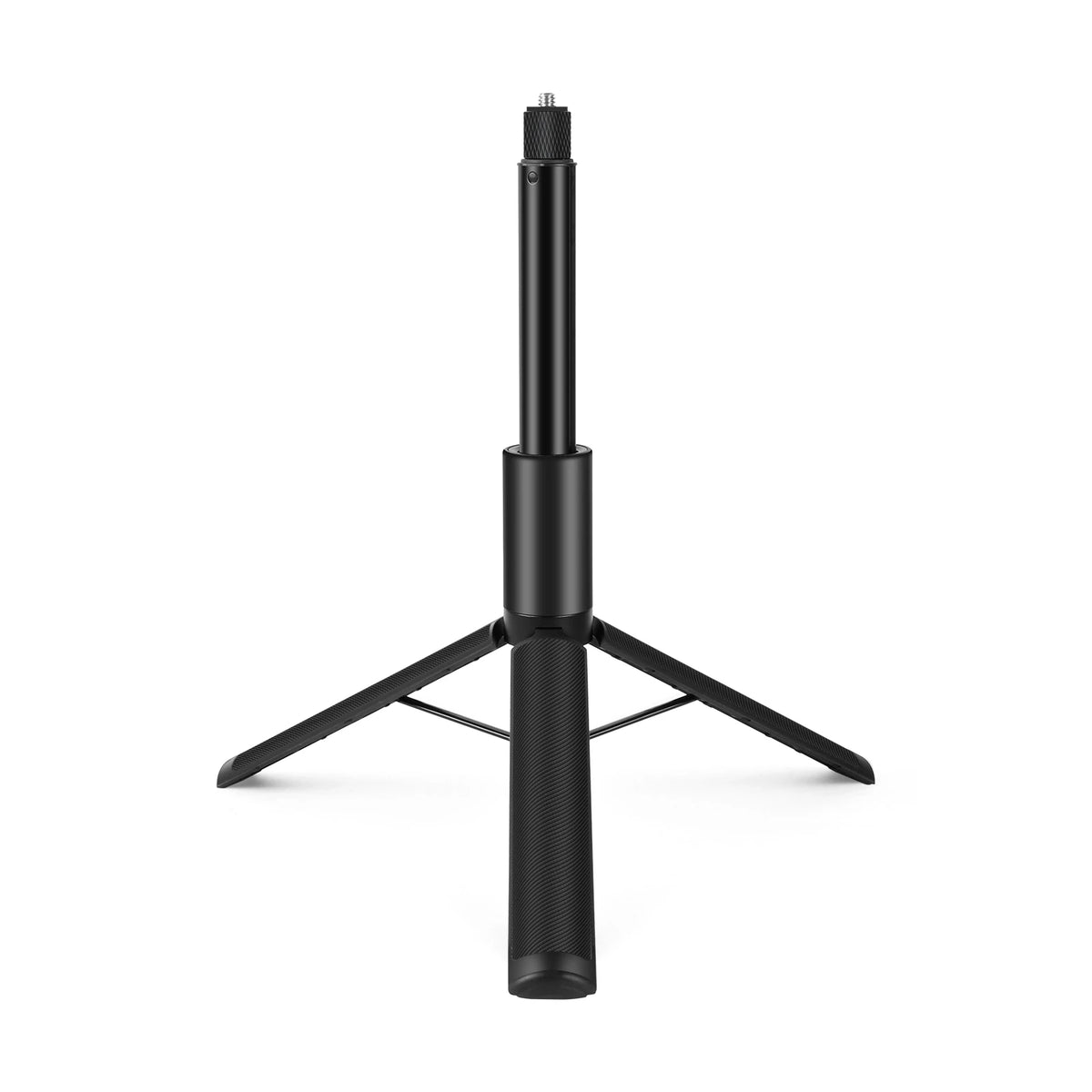 Black Puluz selfie stick on small tripod legs with a 360 camera on top, and a close-up of its knurled screw connector