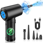 Black handheld cordless air blower with a lightning icon on the grip, five nozzle attachments and a USB cable