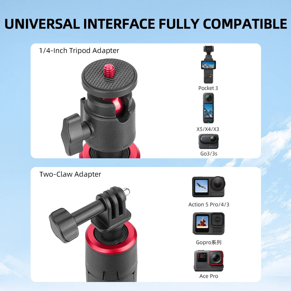 Black Flymile stick held with a pocket gimbal camera, set up as a tall tripod, and as a short grip with an action camera