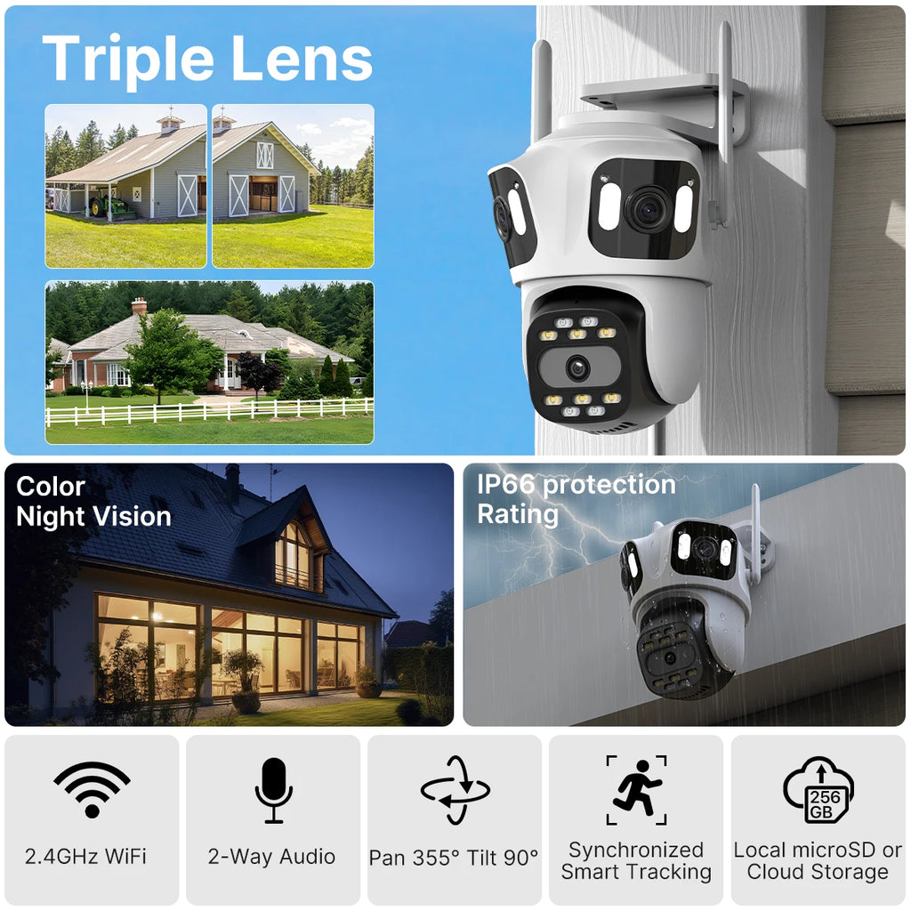 White outdoor security camera with two fixed lenses on top and a pan-tilt lens below, next to a phone showing three views