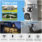 White outdoor security camera with two fixed lenses on top and a pan-tilt lens below, next to a phone showing three views