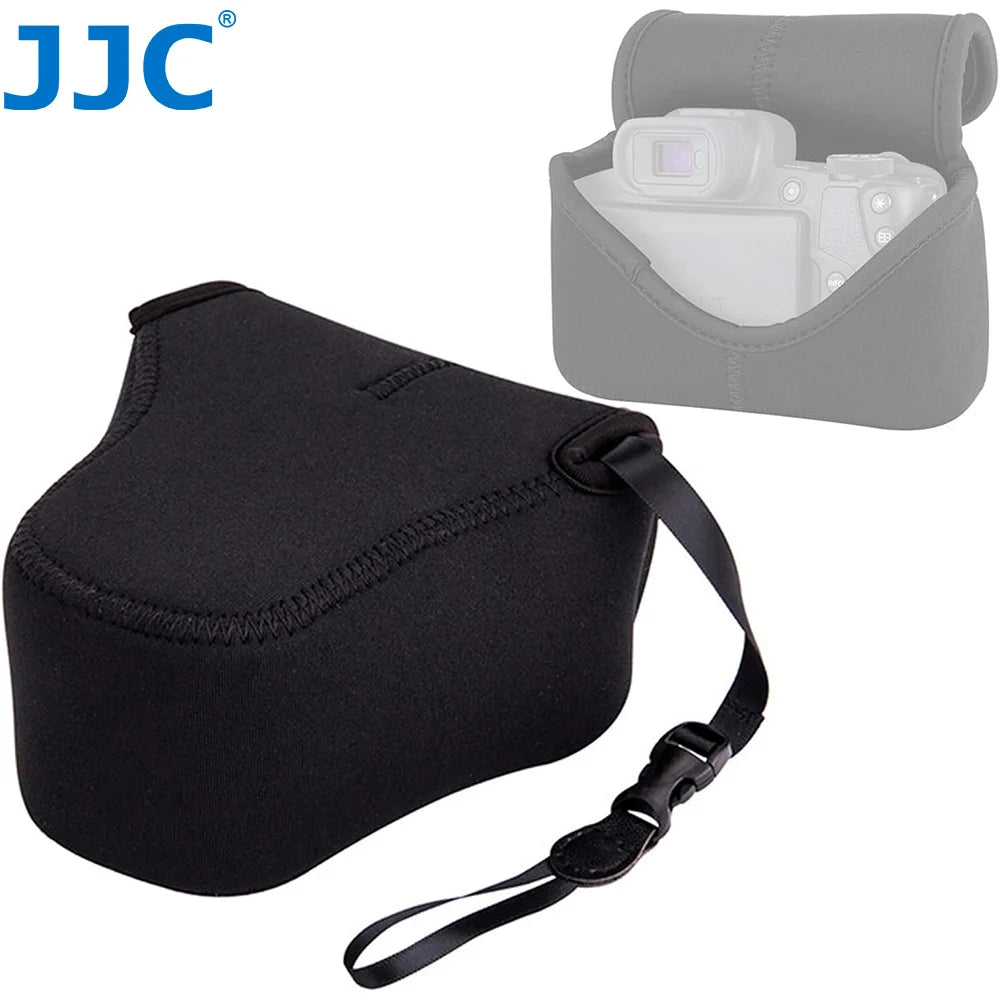 Contoured black soft camera pouch with a zip around the body and two small loops, shown closed on a white background